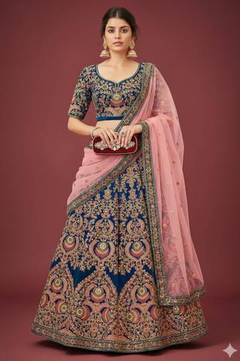 BLUE THREAD ZARI DORI AND SEQUINS EMBROIDEREY WORK VELVET SEMI STITCHED LEHENGA CHOLI
