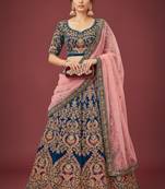 BLUE THREAD ZARI DORI AND SEQUINS EMBROIDEREY WORK VELVET SEMI STITCHED LEHENGA CHOLI