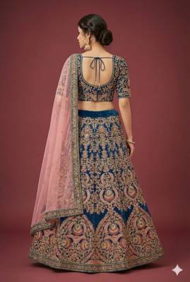 BLUE THREAD ZARI DORI AND SEQUINS EMBROIDEREY WORK VELVET SEMI STITCHED LEHENGA CHOLI 6
