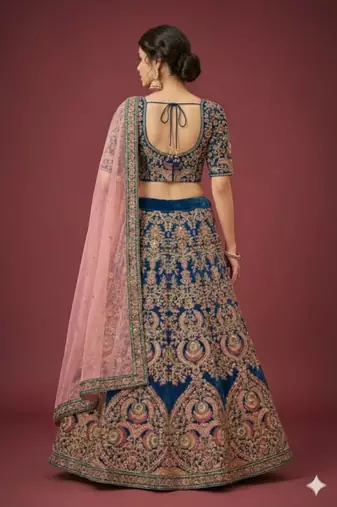 BLUE THREAD ZARI DORI AND SEQUINS EMBROIDEREY WORK VELVET SEMI STITCHED LEHENGA CHOLI