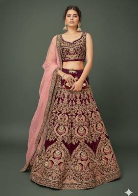 MAROON THREAD ZARI DORI AND SEQUINS EMBROIDEREY WORK VELVET SEMI STITCHED LEHENGA CHOLI 1