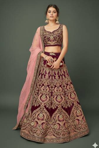 MAROON THREAD ZARI DORI AND SEQUINS EMBROIDEREY WORK VELVET SEMI STITCHED LEHENGA CHOLI