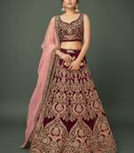 MAROON THREAD ZARI DORI AND SEQUINS EMBROIDEREY WORK VELVET SEMI STITCHED LEHENGA CHOLI