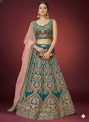 TURQUOISE THREAD ZARI DORI AND SEQUINS EMBROIDEREY WORK VELVET SEMI STITCHED LEHENGA CHOLI 1