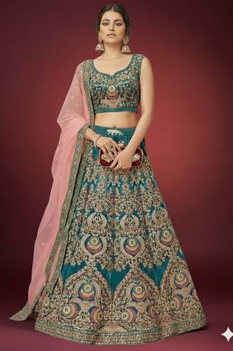 TURQUOISE THREAD ZARI DORI AND SEQUINS EMBROIDEREY WORK VELVET SEMI STITCHED LEHENGA CHOLI
