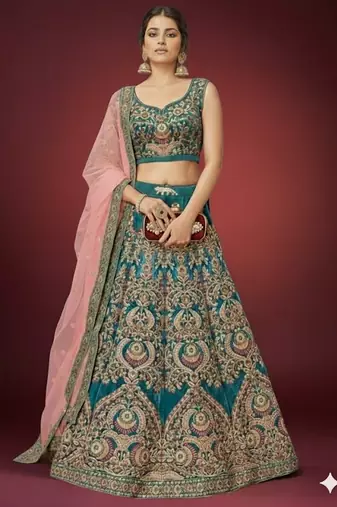 TURQUOISE THREAD ZARI DORI AND SEQUINS EMBROIDEREY WORK VELVET SEMI STITCHED LEHENGA CHOLI
