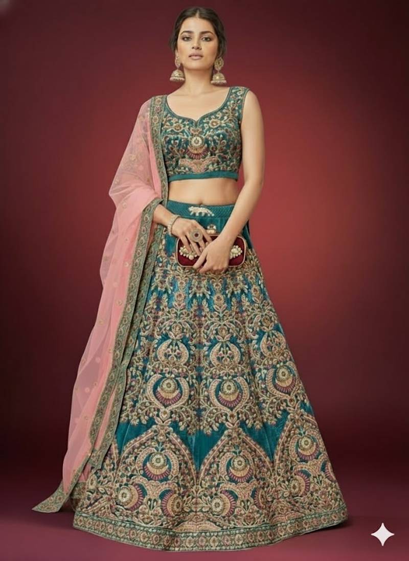 TURQUOISE THREAD ZARI DORI AND SEQUINS EMBROIDEREY WORK VELVET SEMI STITCHED LEHENGA CHOLI