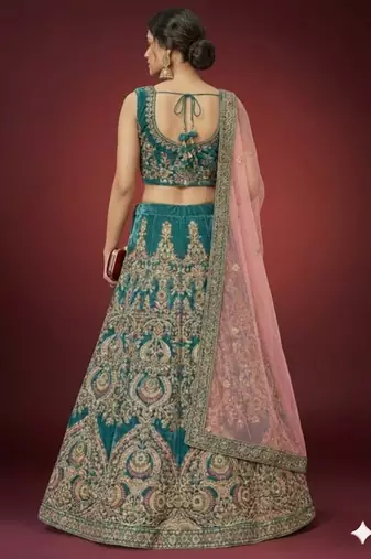 TURQUOISE THREAD ZARI DORI AND SEQUINS EMBROIDEREY WORK VELVET SEMI STITCHED LEHENGA CHOLI