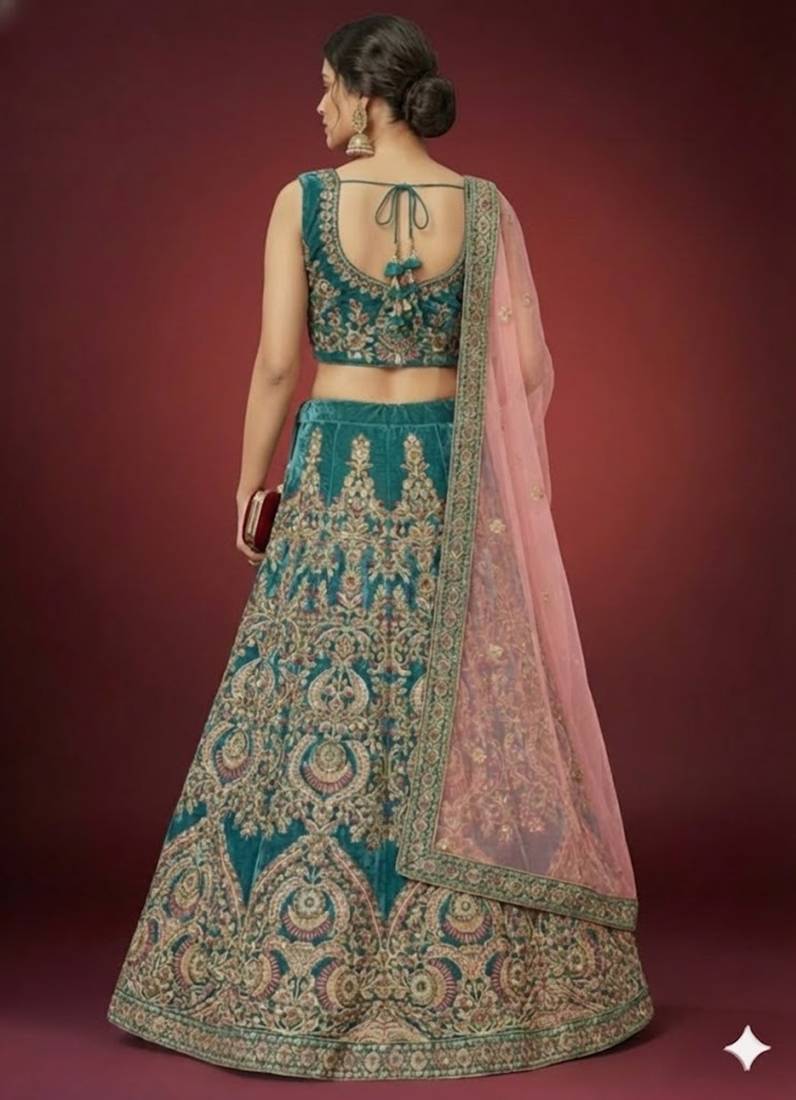 TURQUOISE THREAD ZARI DORI AND SEQUINS EMBROIDEREY WORK VELVET SEMI STITCHED LEHENGA CHOLI