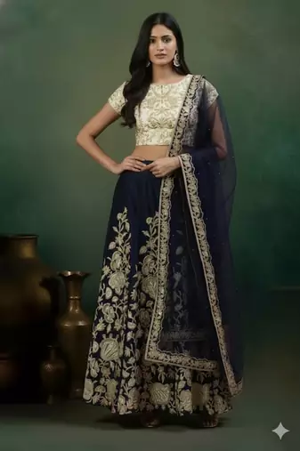 NAVY BLUE ZARI DORI & SEQUINS EMBROIDERED VELVET SEMI STITCHED LEHENGA CHOLI