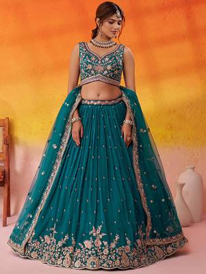 Teal georgette fabric sequins and thread embroidery semi-stitched lehenga set with blouse and dupatta 1