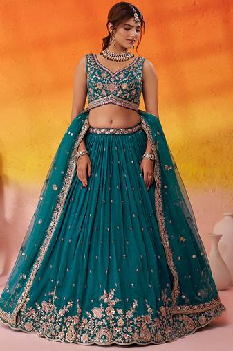 Teal georgette fabric sequins and thread embroidery semi-stitched lehenga set with blouse and dupatta