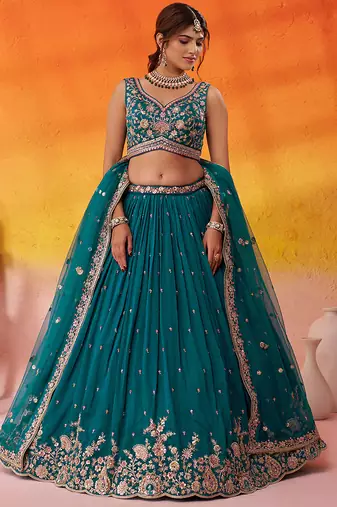 Teal georgette fabric sequins and thread embroidery semi-stitched lehenga set with blouse and dupatta