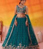 Teal georgette fabric sequins and thread embroidery semi-stitched lehenga set with blouse and dupatta