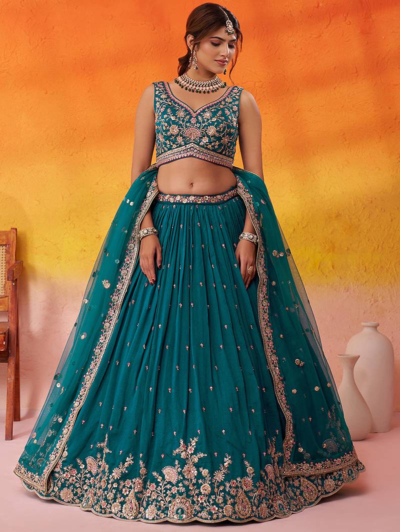 Teal georgette fabric sequins and thread embroidery semi-stitched lehenga set with blouse and dupatta