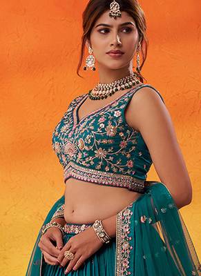Teal georgette fabric sequins and thread embroidery semi-stitched lehenga set with blouse and dupatta 3