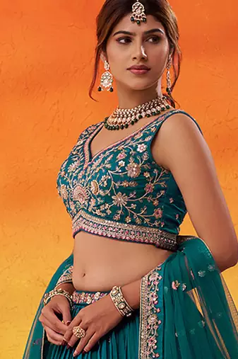 Teal georgette fabric sequins and thread embroidery semi-stitched lehenga set with blouse and dupatta