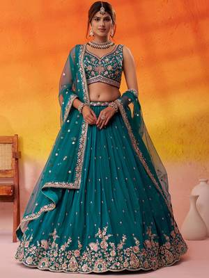 Teal georgette fabric sequins and thread embroidery semi-stitched lehenga set with blouse and dupatta 5