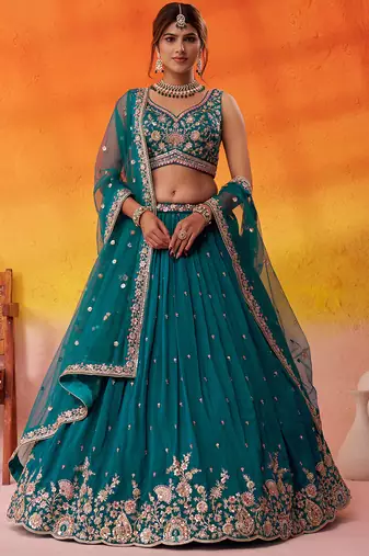 Teal georgette fabric sequins and thread embroidery semi-stitched lehenga set with blouse and dupatta
