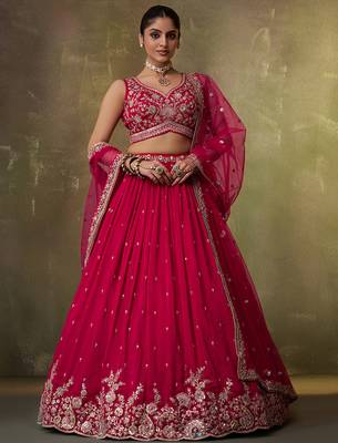 Red georgette fabric sequins and thread embroidery semi-stitched lehenga set with blouse and dupatta 1