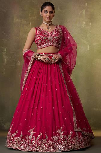 Red georgette fabric sequins and thread embroidery semi-stitched lehenga set with blouse and dupatta