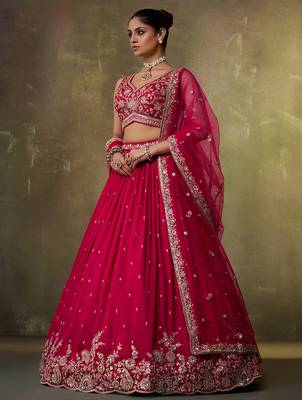 Red georgette fabric sequins and thread embroidery semi-stitched lehenga set with blouse and dupatta 3