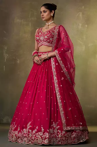 Red georgette fabric sequins and thread embroidery semi-stitched lehenga set with blouse and dupatta