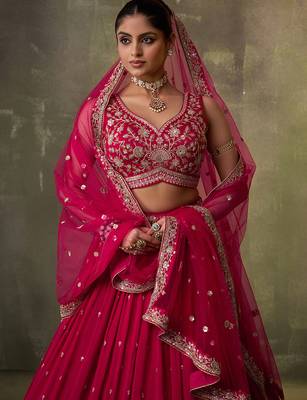 Red georgette fabric sequins and thread embroidery semi-stitched lehenga set with blouse and dupatta 4