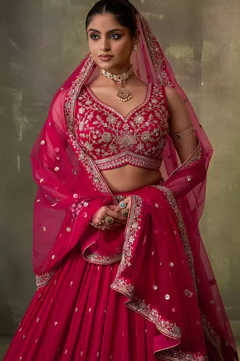 Red georgette fabric sequins and thread embroidery semi-stitched lehenga set with blouse and dupatta