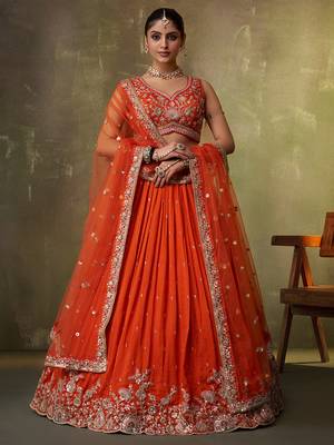 Orange georgette fabric sequins and thread embroidery semi-stitched lehenga set with blouse and dupatta 1