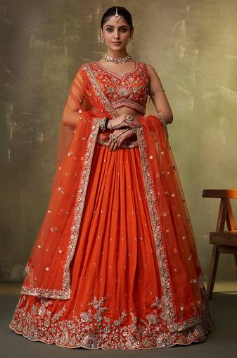 Orange georgette fabric sequins and thread embroidery semi-stitched lehenga set with blouse and dupatta