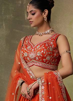 Orange georgette fabric sequins and thread embroidery semi-stitched lehenga set with blouse and dupatta 3