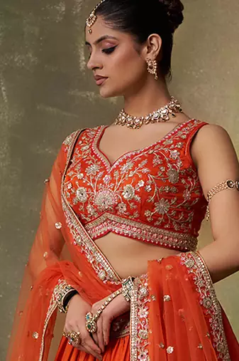 Orange georgette fabric sequins and thread embroidery semi-stitched lehenga set with blouse and dupatta