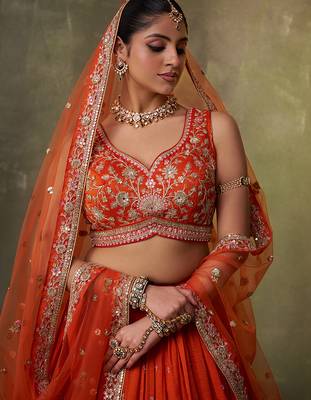 Orange georgette fabric sequins and thread embroidery semi-stitched lehenga set with blouse and dupatta 4