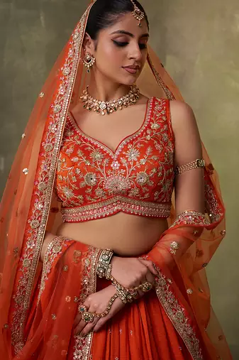 Orange georgette fabric sequins and thread embroidery semi-stitched lehenga set with blouse and dupatta