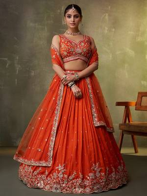 Orange georgette fabric sequins and thread embroidery semi-stitched lehenga set with blouse and dupatta 5