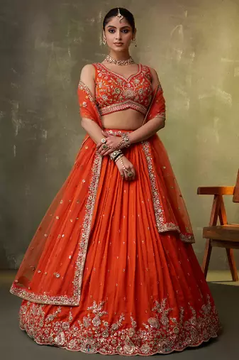 Orange georgette fabric sequins and thread embroidery semi-stitched lehenga set with blouse and dupatta