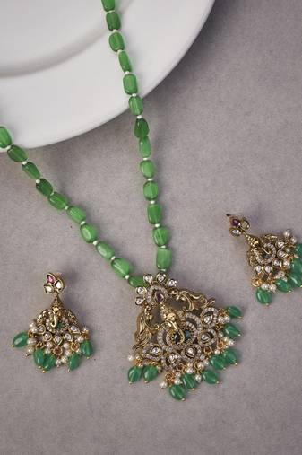 Verdant grace ganpati temple mehendi plated locket set with earrings