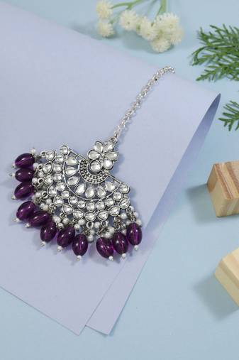 Silver oxidised traditional kundan pearl maang tikka for women and girls (t3106zwi)