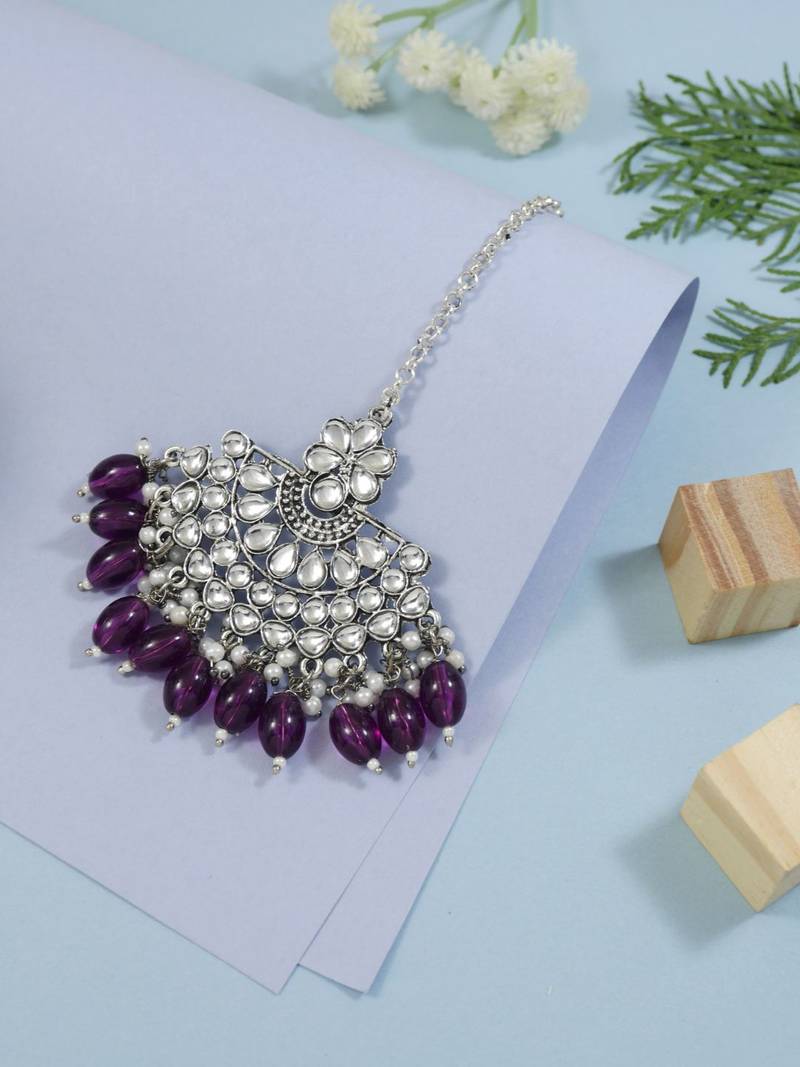 Silver oxidised traditional kundan pearl maang tikka for women and girls (t3106zwi)