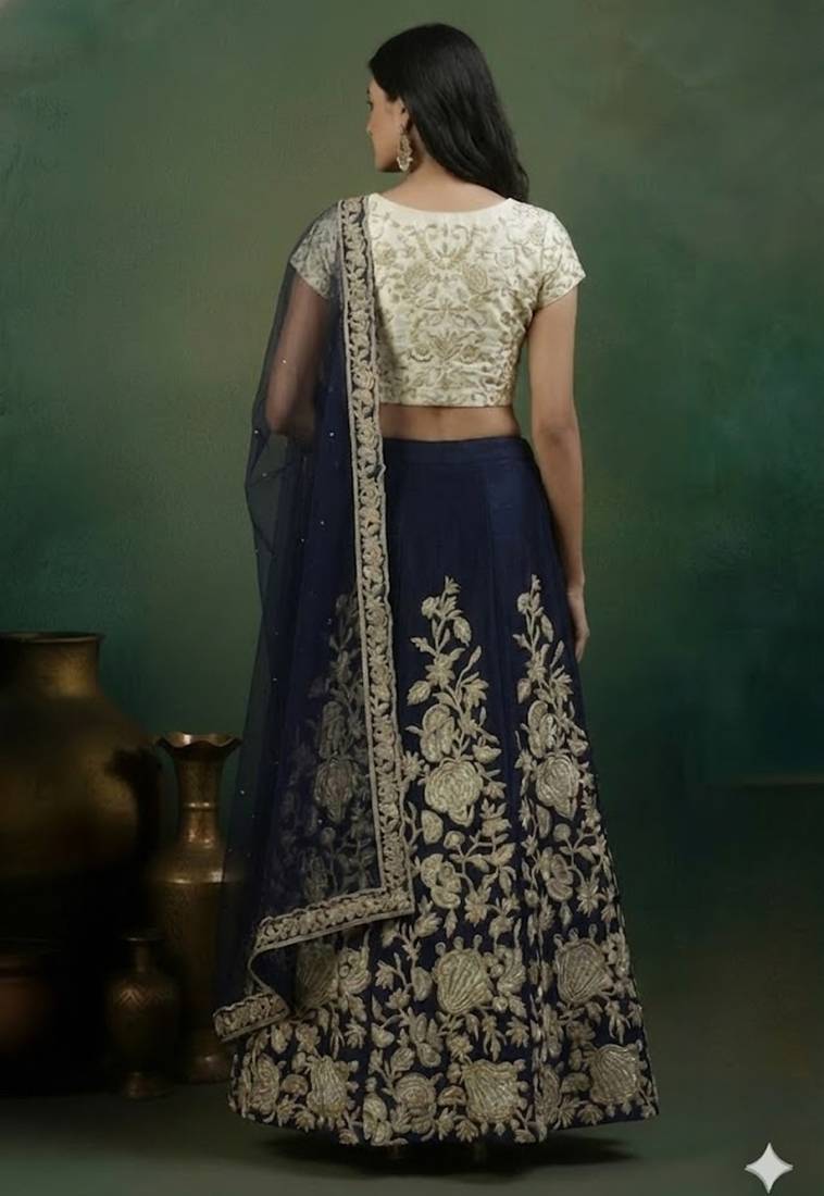 NAVY BLUE ZARI DORI & SEQUINS EMBROIDERED VELVET SEMI STITCHED LEHENGA CHOLI