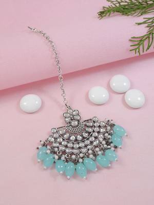 Silver oxidised traditional kundan pearl maang tikka for women and girls (t3106zsb) 1