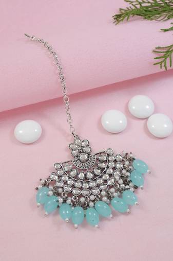 Silver oxidised traditional kundan pearl maang tikka for women and girls (t3106zsb)
