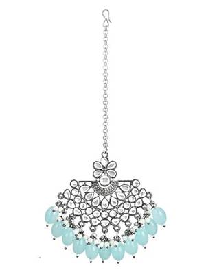 Silver oxidised traditional kundan pearl maang tikka for women and girls (t3106zsb) 2