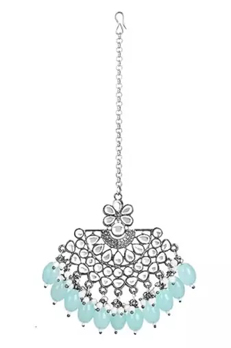Silver oxidised traditional kundan pearl maang tikka for women and girls (t3106zsb)