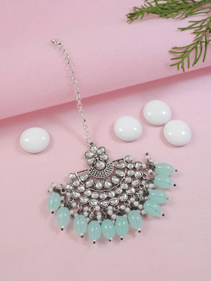 Silver oxidised traditional kundan pearl maang tikka for women and girls (t3106zmin)