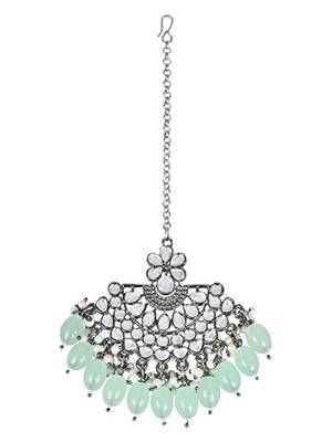 Silver oxidised traditional kundan pearl maang tikka for women and girls (t3106zmin) 2