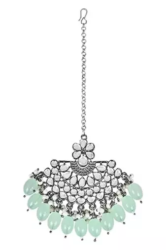 Silver oxidised traditional kundan pearl maang tikka for women and girls (t3106zmin)