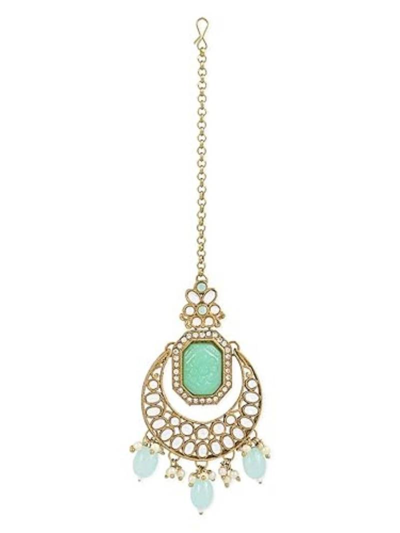 Gold plated traditional kundan pearl maang tikka for women and girls (t3026sb)