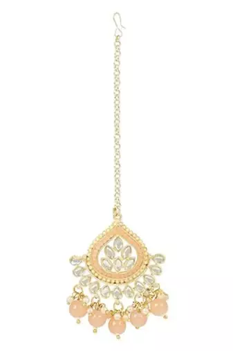 Gold plated traditional kundan & pearl maang tikka for women (t3015) (peach)